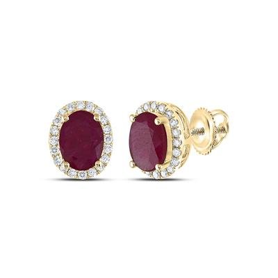 14K Yellow Gold Oval Ruby & Diamond Halo Stud Earrings