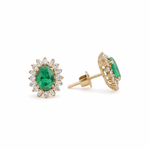 14K Yellow Gold Oval Stud Earrings with 1.52Tw Oval Emeralds and 0.75Tw Baguette and Round Diamonds - Miral Jewelry