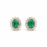 14K Yellow Gold Oval Stud Earrings with 1.52Tw Oval Emeralds and 0.75Tw Baguette and Round Diamonds - Miral Jewelry