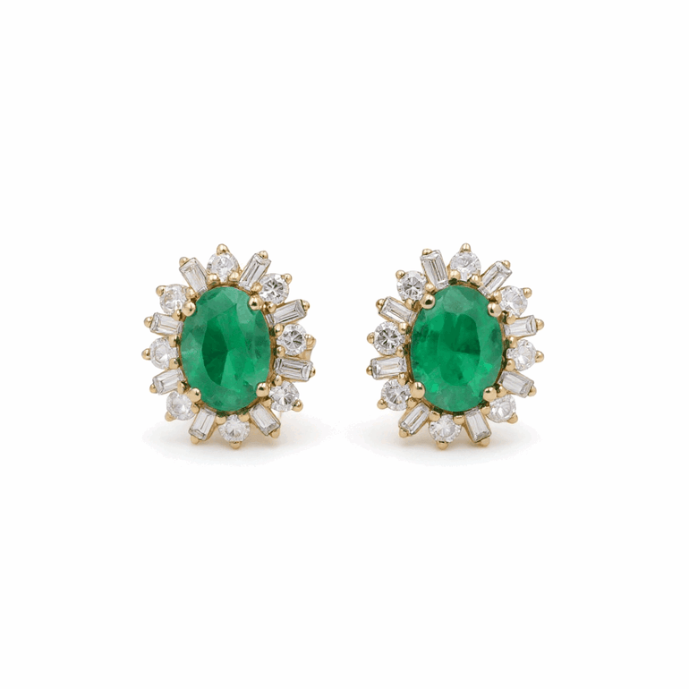 14K Yellow Gold Oval Stud Earrings with 1.52Tw Oval Emeralds and 0.75Tw Baguette and Round Diamonds - Miral Jewelry