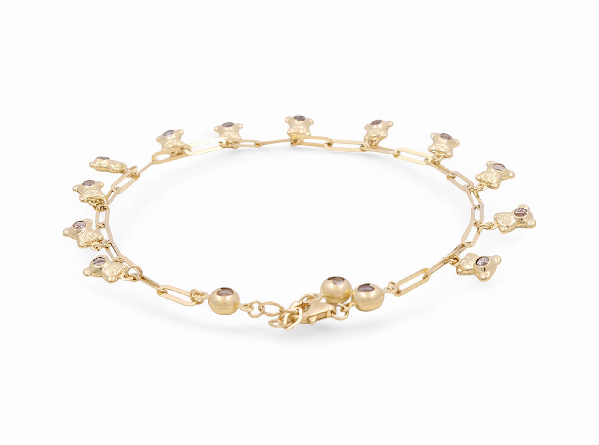 14K Yellow Gold Paper Clip Ankle with Charms Bracelet - Miral Jewelry