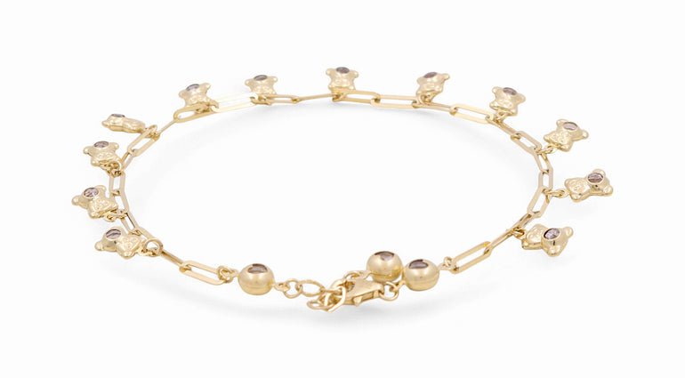 14K Yellow Gold Paper Clip Ankle with Charms Bracelet - Miral Jewelry