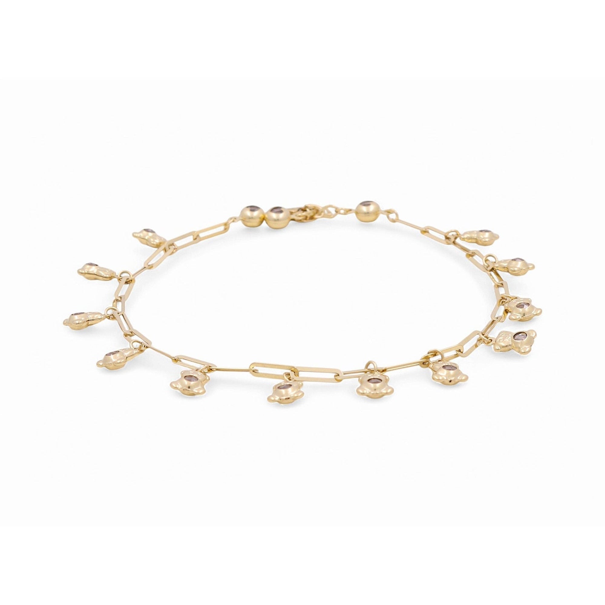 14K Yellow Gold Paper Clip Anklet with Bezel Charms 10in, 7.4 g