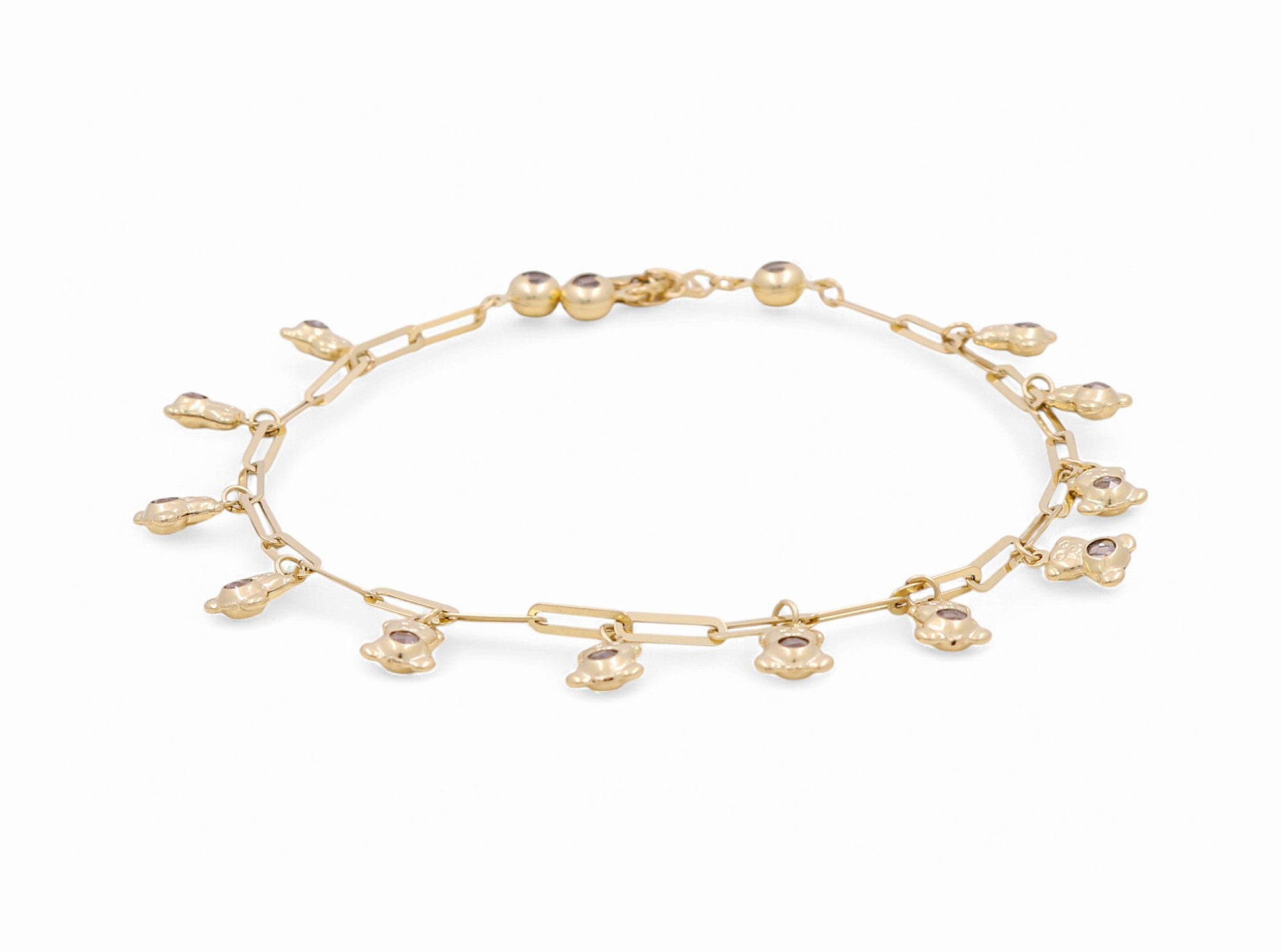 14K Yellow Gold Paper Clip Ankle with Charms Bracelet - Miral Jewelry
