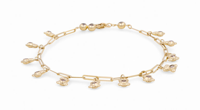 14K Yellow Gold Paper Clip Ankle with Charms Bracelet - Miral Jewelry