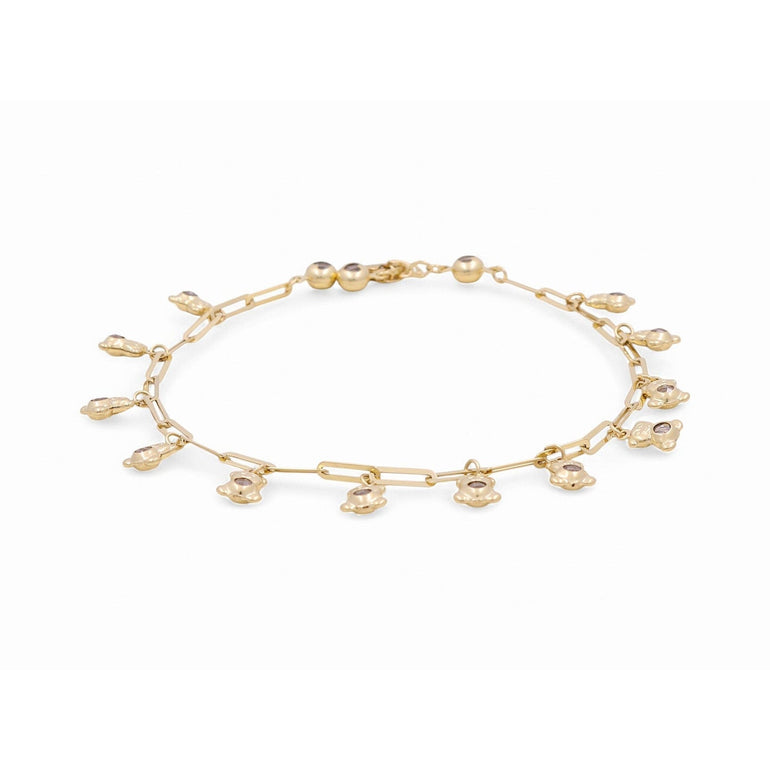 14K Yellow Gold Paper Clip Anklet with Bezel Charms 10in, 7.4 g