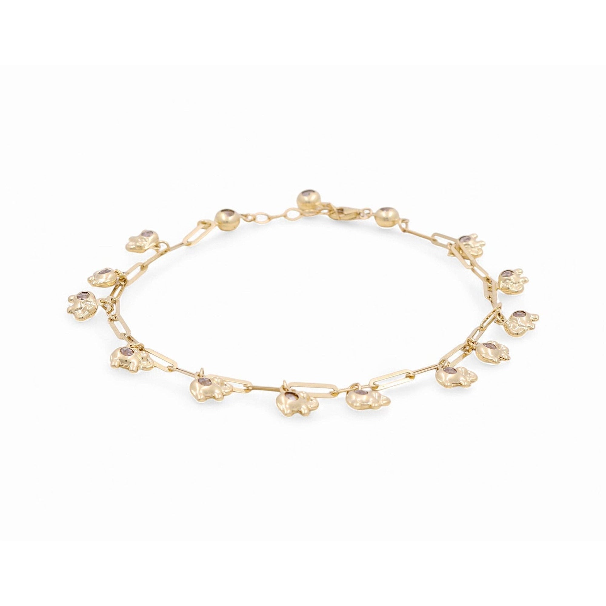 14K Yellow Gold Paper Clip Anklet with Dangling Charms 10in, 7.3 g