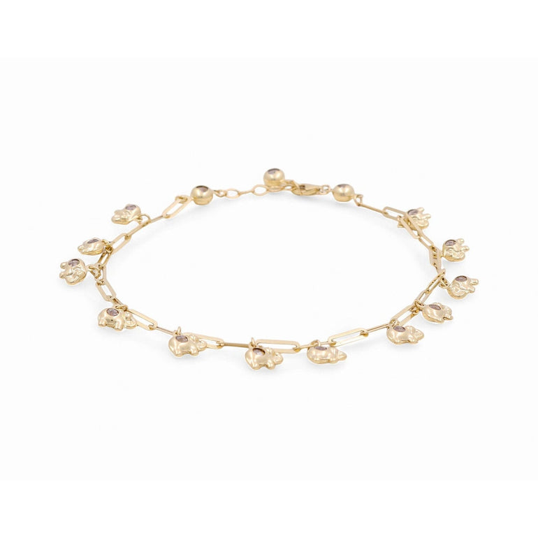 14K Yellow Gold Paper Clip Anklet with Dangling Charms 10in, 7.3 g