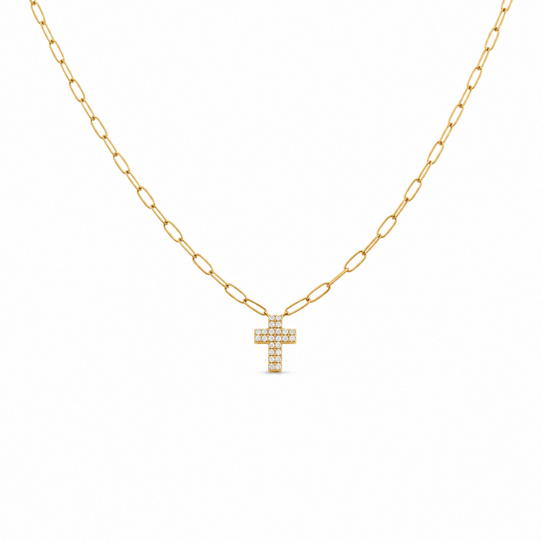 14k Yellow Gold Paper Clip Diamond Necklace 16" with 0.31Tw Round Diamonds - Miral Jewelry