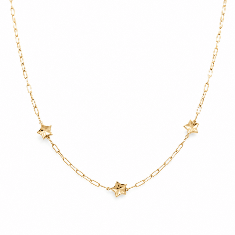 14k Yellow Gold Paper Clip with Stars Necklace 18" - Miral Jewelry