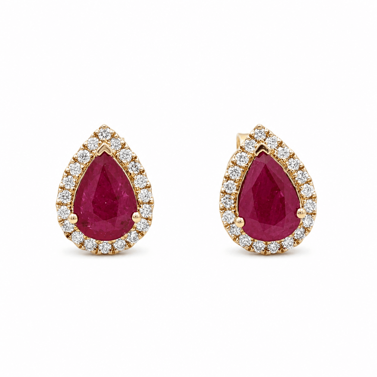 14K Yellow Gold Pear Earrings with 1.30Tw Pear Rubys and 0.20Tw Round Diamonds - Miral Jewelry