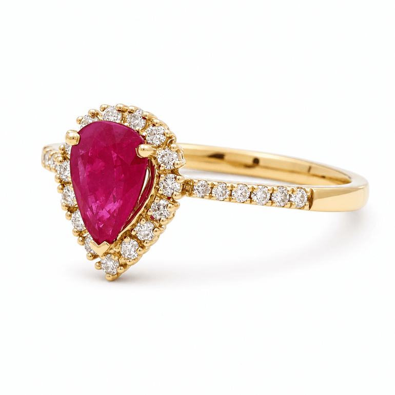 14K Yellow Gold Pear Fashion Ring with 0.80Tw Pear Rubys and 0.20Tw Round Diamonds - Miral Jewelry