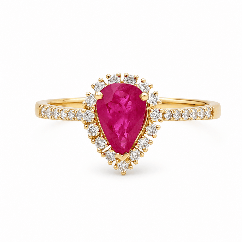 14K Yellow Gold Pear Fashion Ring with 0.80Tw Pear Rubys and 0.20Tw Round Diamonds - Miral Jewelry
