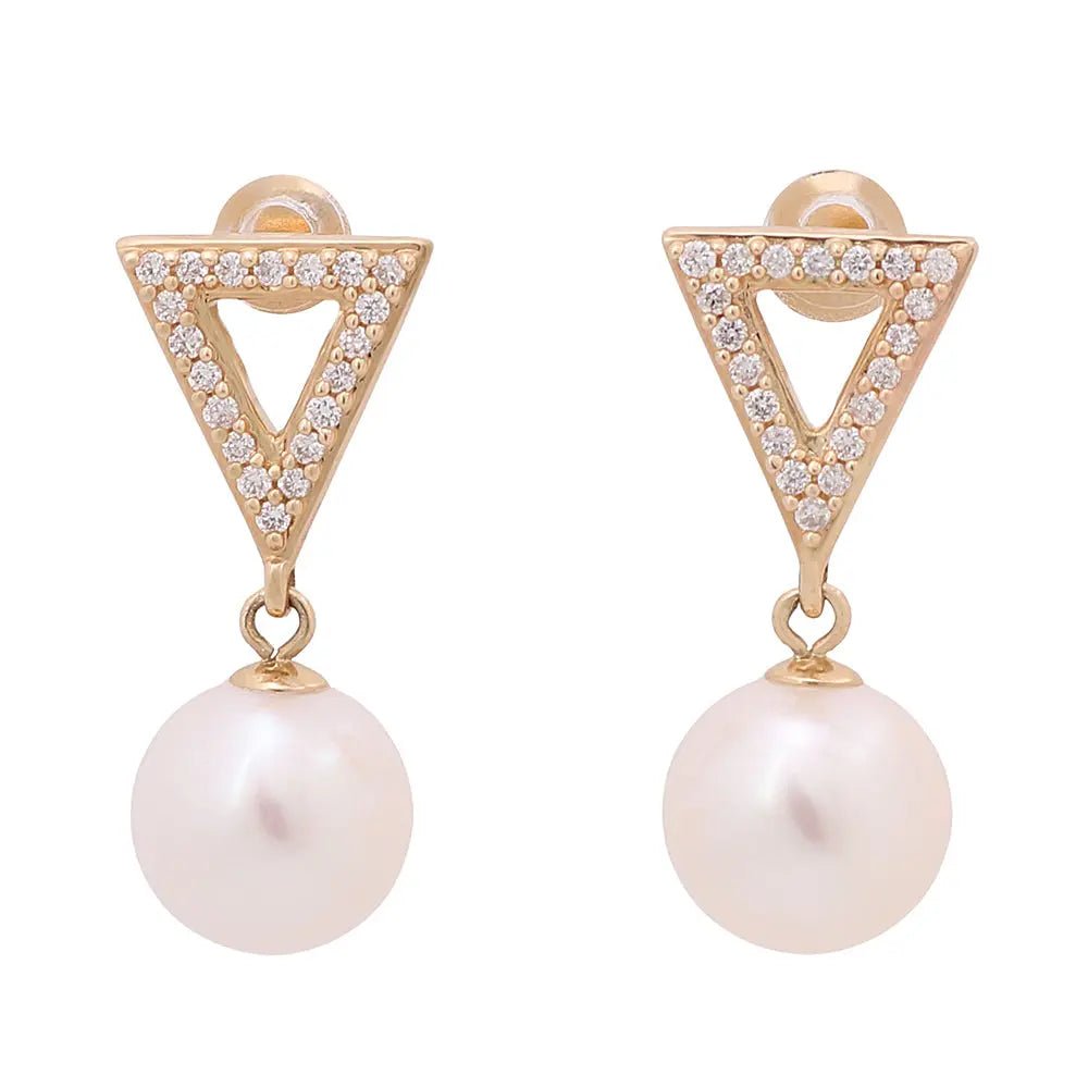 14K Yellow Gold Pearl Drop Earrings with Diamond Triangles 0.19 ct tw
