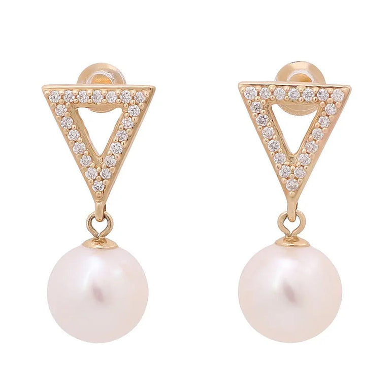 14K Yellow Gold Pearl And Diamonds Earrings - Miral Jewelry