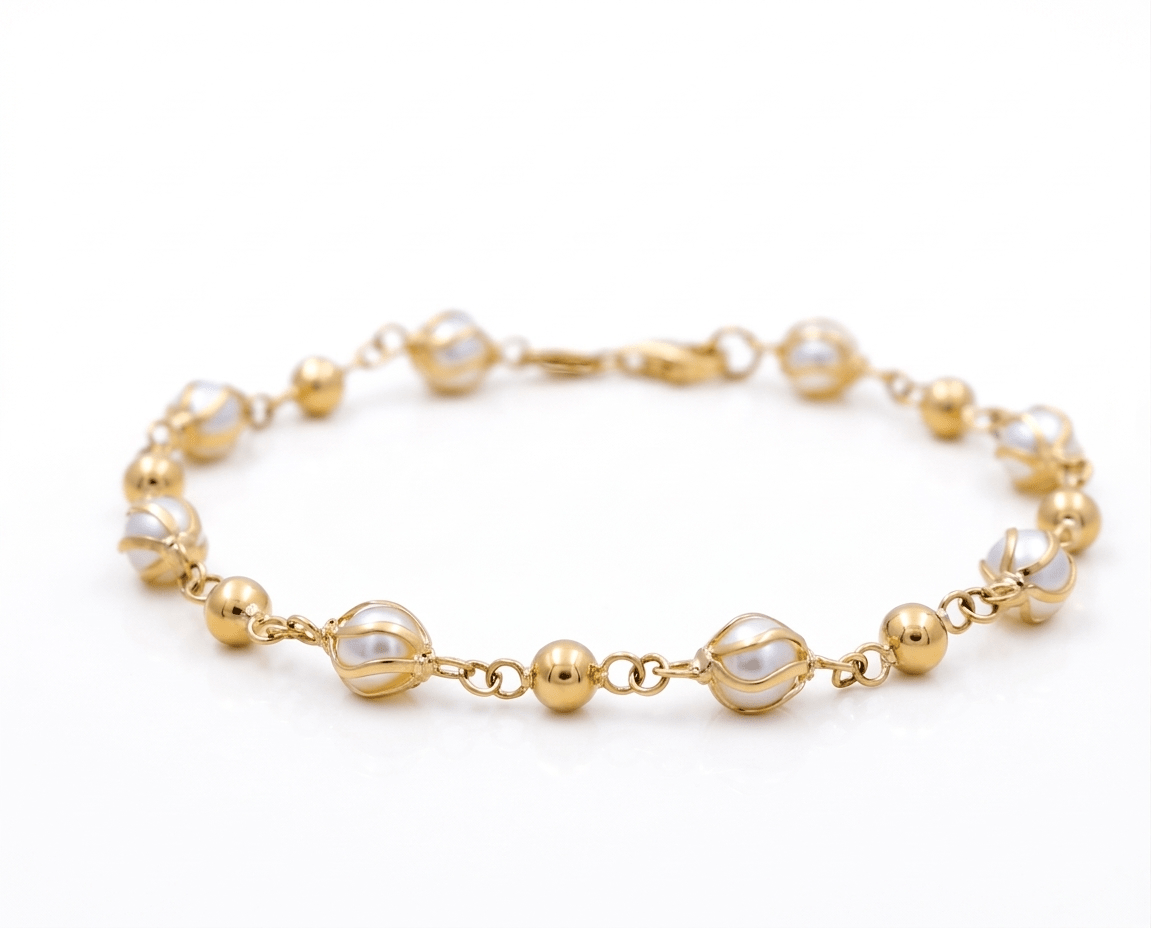 14K Yellow Gold Pearl Bracelet Women's - Miral Jewelry