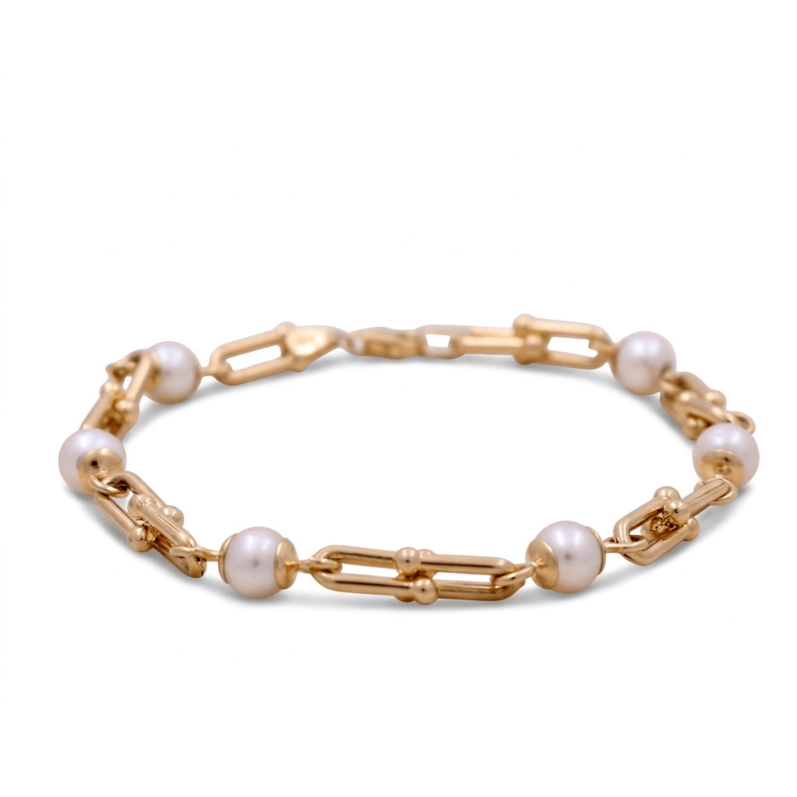 14K Yellow Gold Pearl & Link Bracelet 7in, 5.6 g