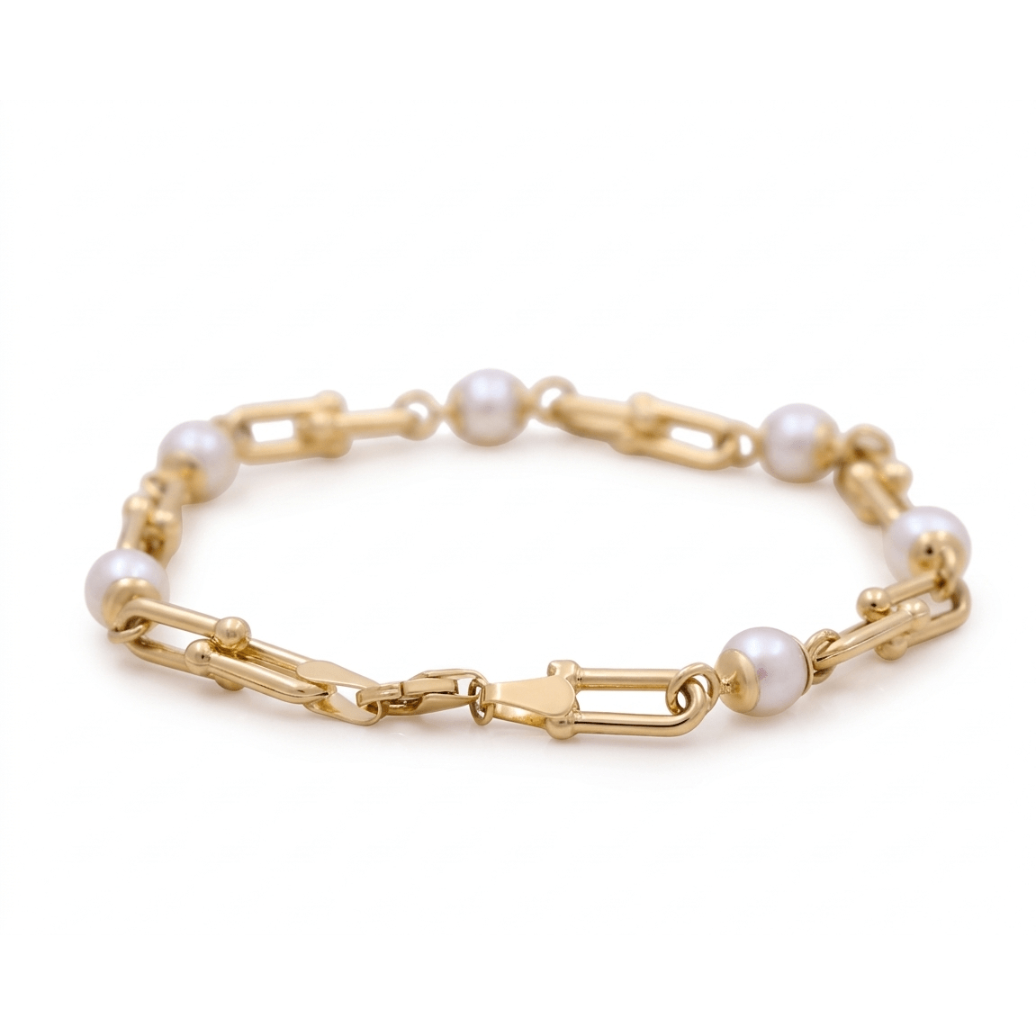 14K Yellow Gold Pearl & Link Bracelet 7in, 5.6 g – view 2