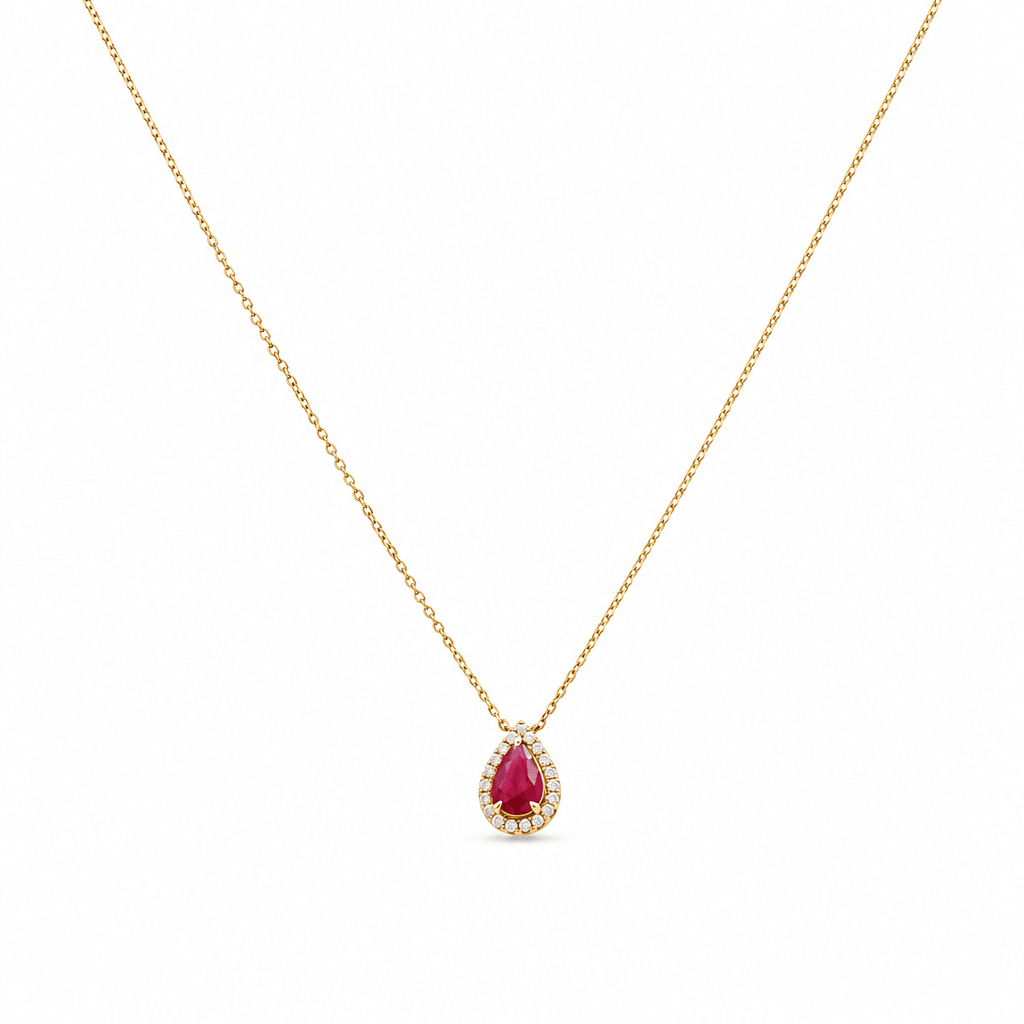 14K Yellow Gold Pearl Necklace 18" with 0.50Tw Pear Rubys and 0.10Tw Round Diamonds - Miral Jewelry