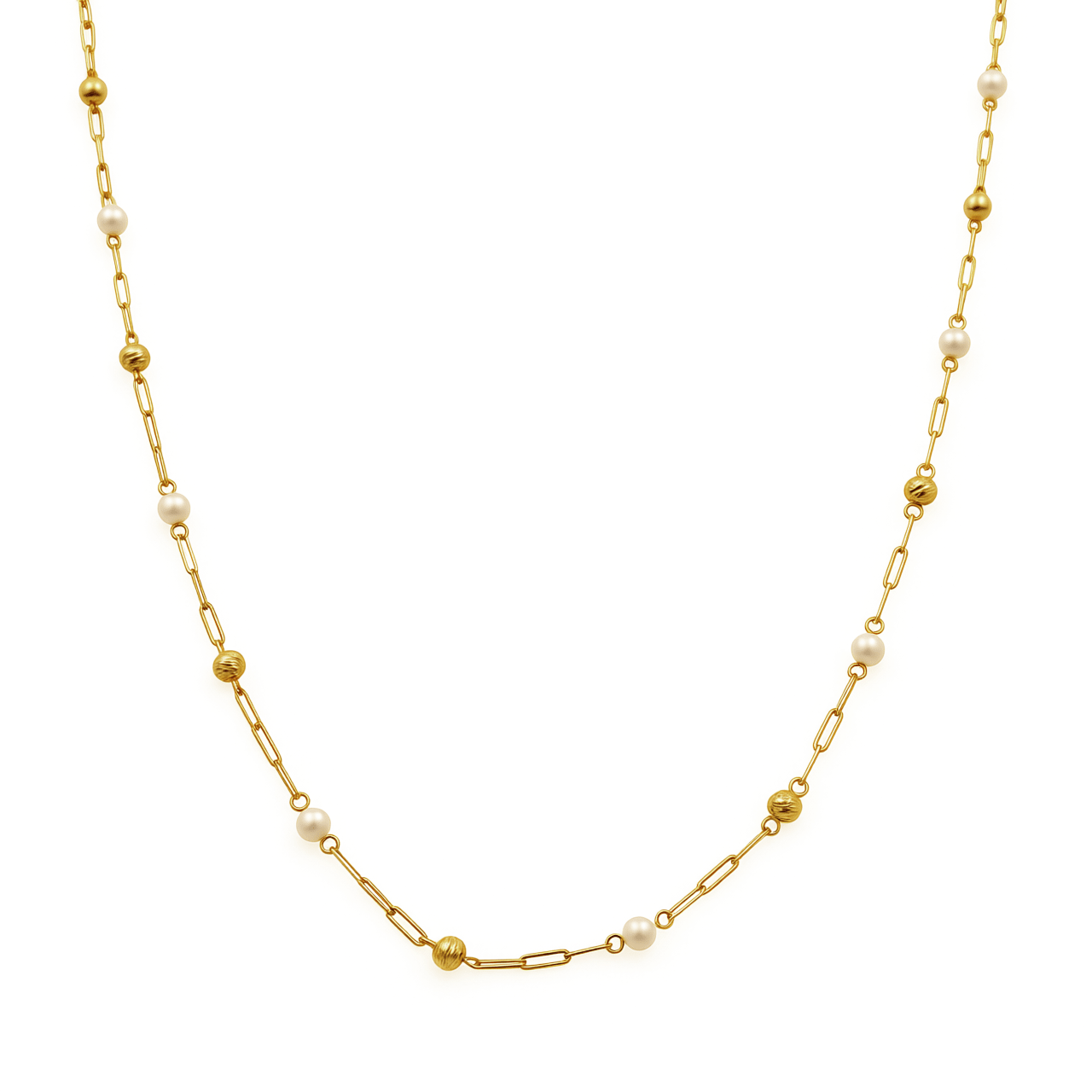 14K Yellow Gold Paper Clip Necklace with Pearl & Bead Stations 18in