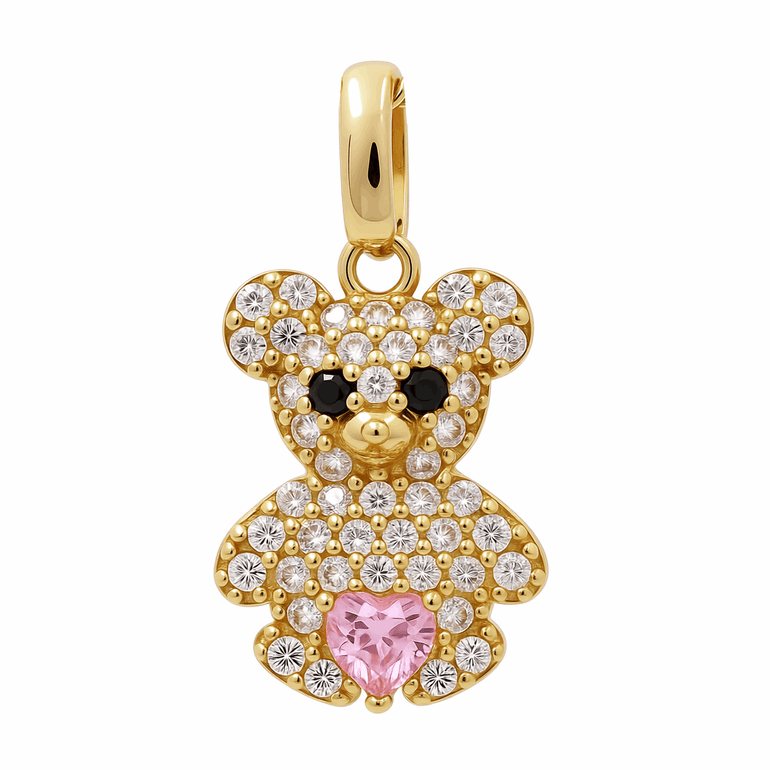 14K Yellow Gold Pink Bear Pendant with Cz - Miral Jewelry