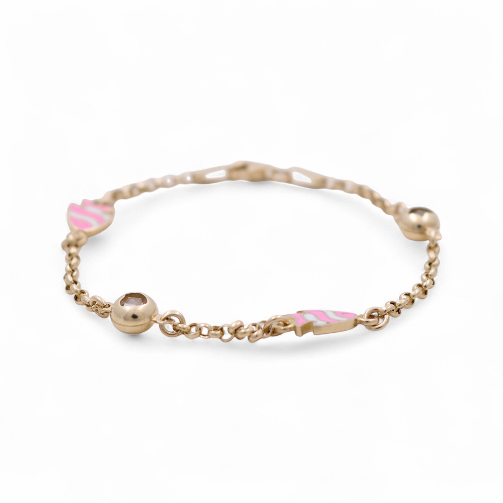 14K Yellow Gold Kids' Pink Fish Bracelet 6in, 3.2 g