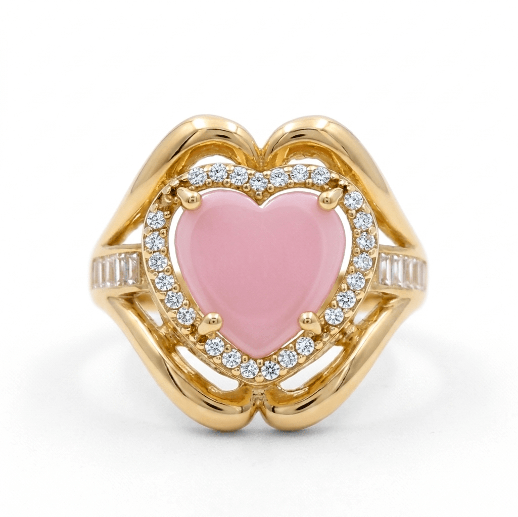 14K Yellow Gold Pink Heart Fashion Women's Ring - Miral Jewelry