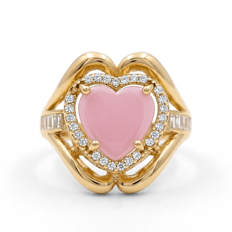 14K Yellow Gold Pink Heart Fashion Women's Ring - Miral Jewelry
