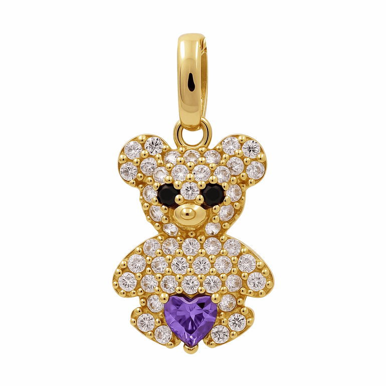 14K Yellow Gold Purple Bear Pendant with Cz - Miral Jewelry