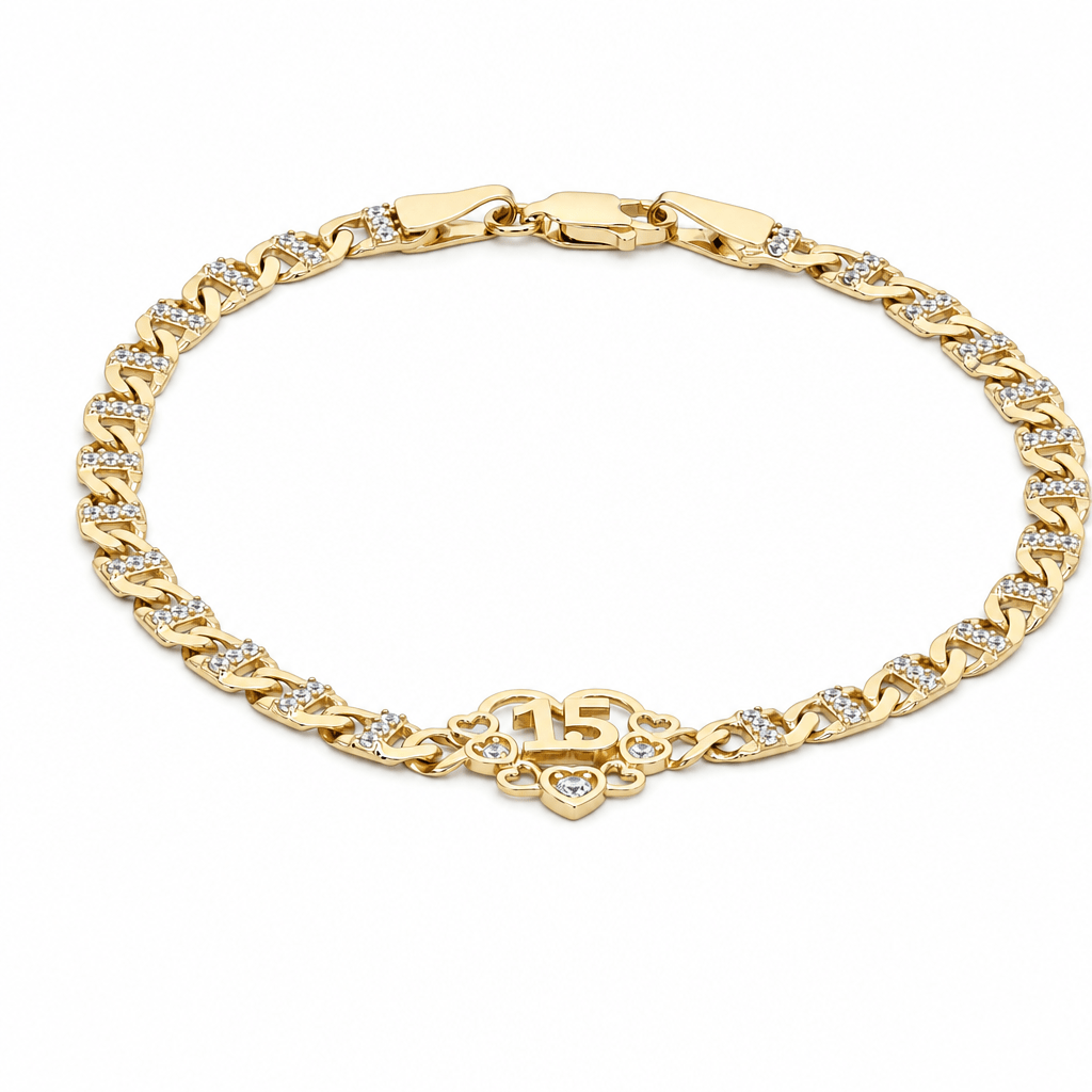 14K Yellow Gold Quinceañera "15" Heart Bracelet – Mariner Link with CZ - Miral Jewelry