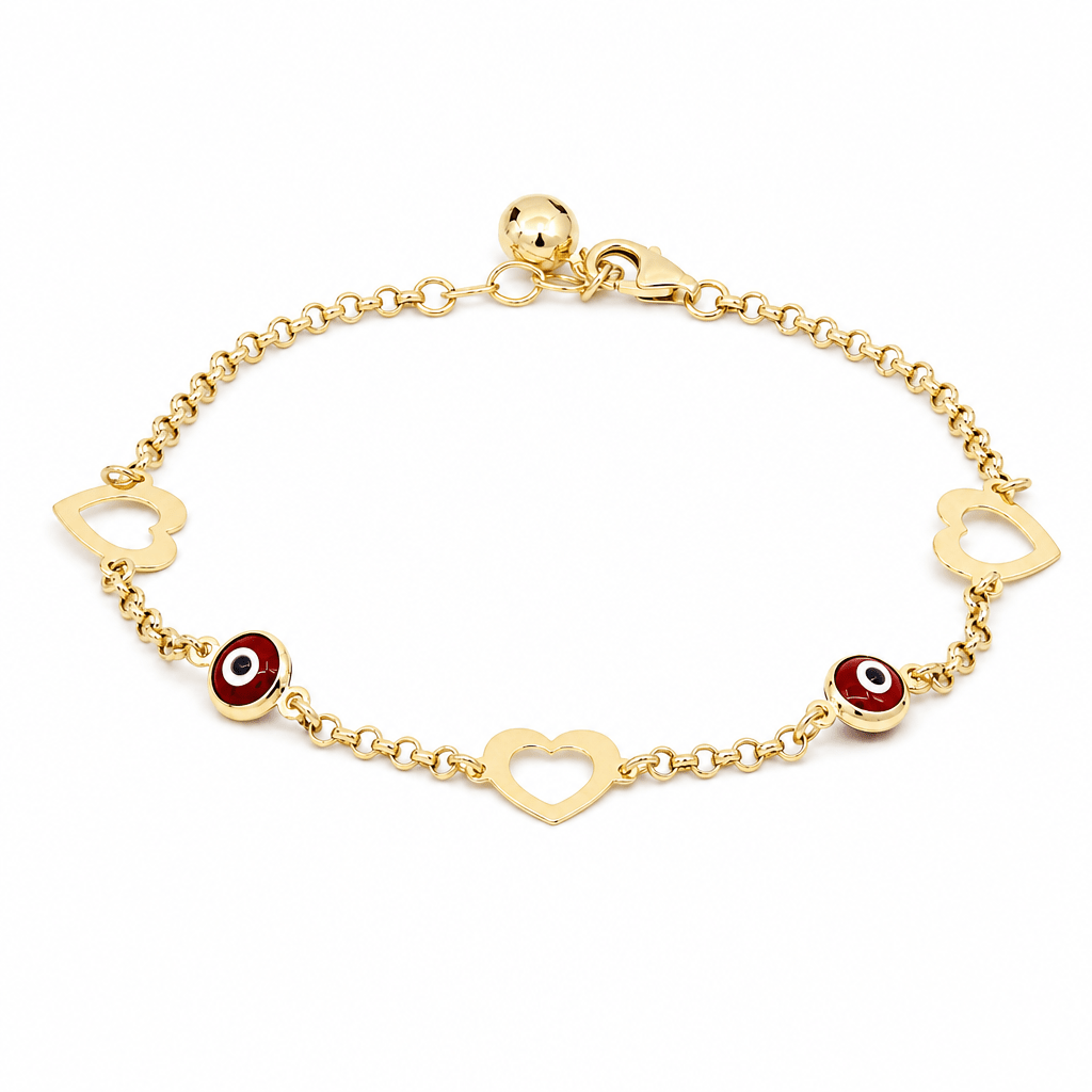 14K Yellow Gold Red Evil Eye Heart Bracelet 7.5in