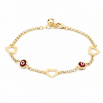 14K Yellow Gold Red Evil Eye Heart Bracelet 7.5in