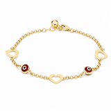 14K Yellow Gold Red Evil Eye Heart Bracelet 7.5in