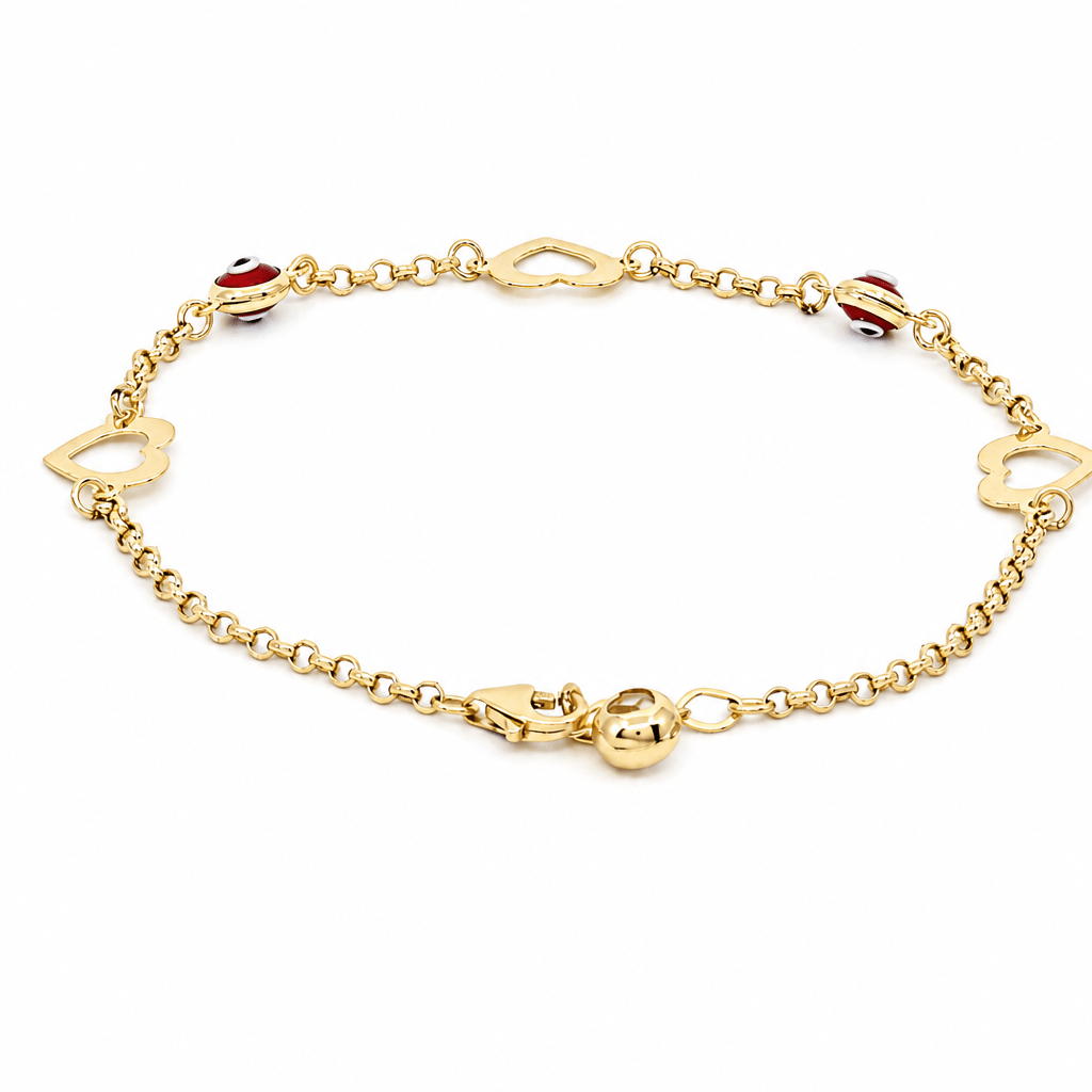 14K Yellow Gold Red Evil Eye Heart Bracelet 7.5in – view 2