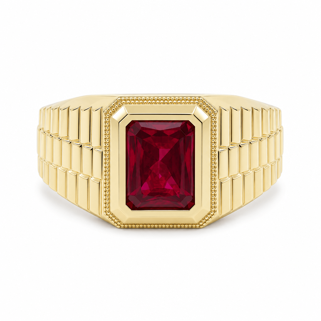14K Yellow Gold Men's Red Stone Ring Brick-Link Band, 5.4 g