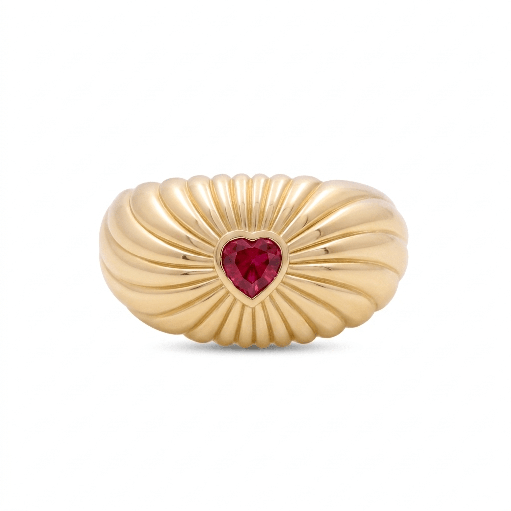 14K Yellow Gold Fluted Dome Ring with Red Heart