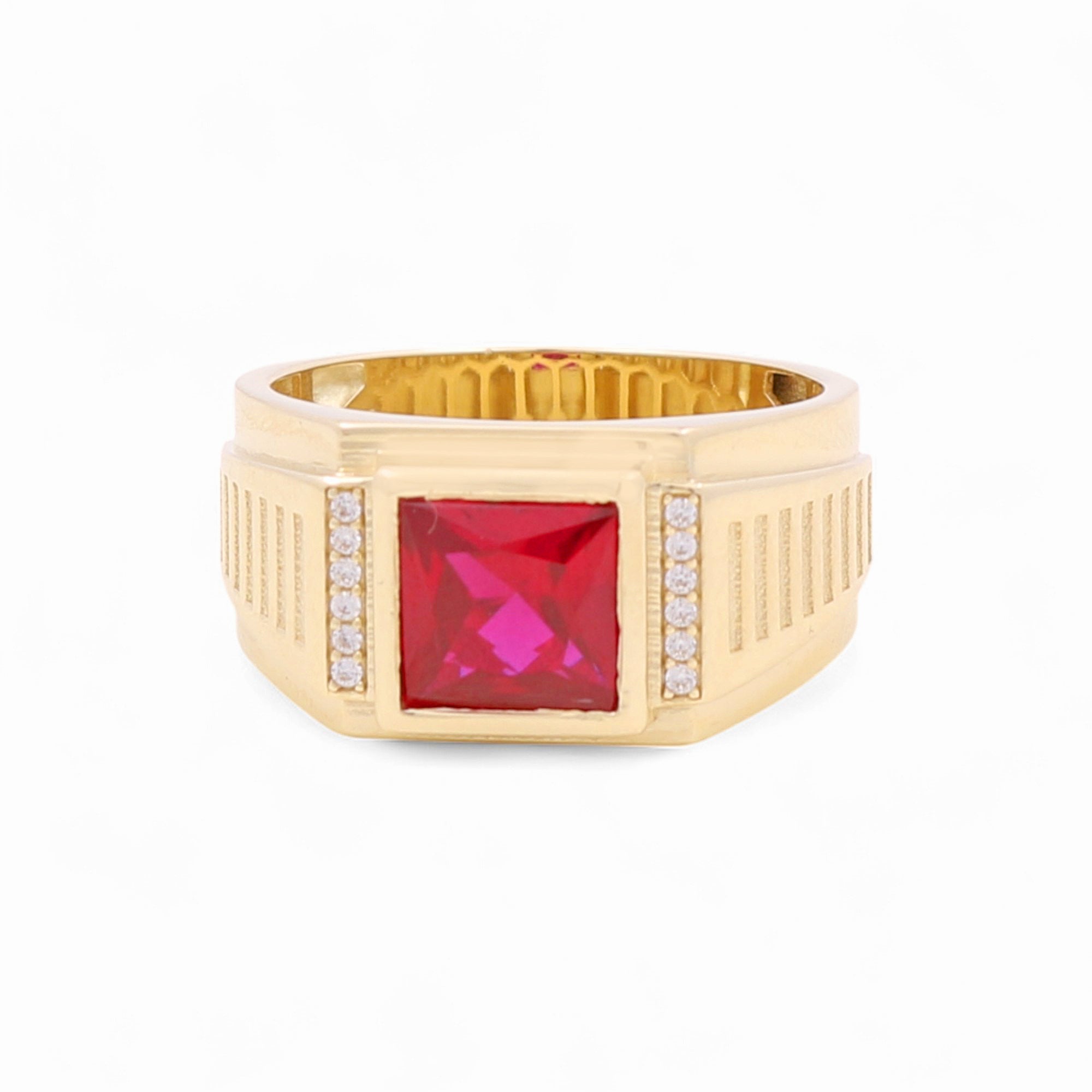 14k Yellow Gold Red Square Fashion Men's Ring - Miral Jewelry