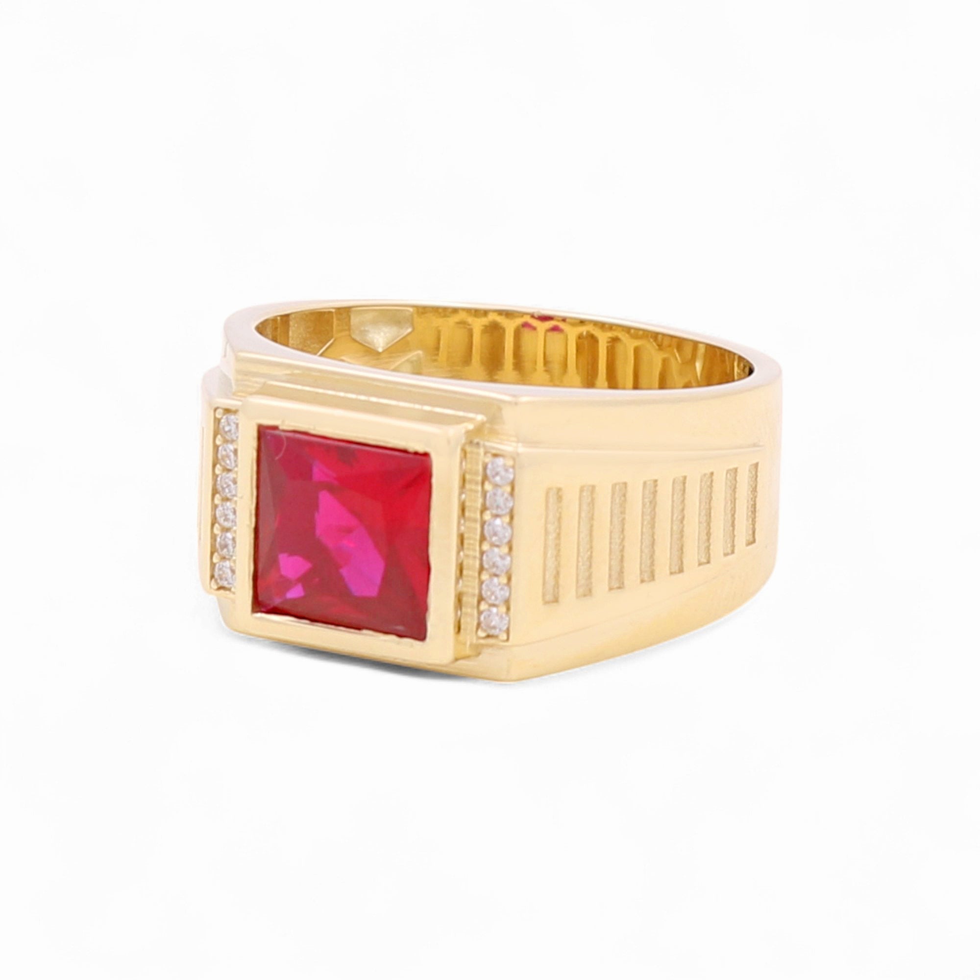 14k Yellow Gold Red Square Fashion Men's Ring - Miral Jewelry