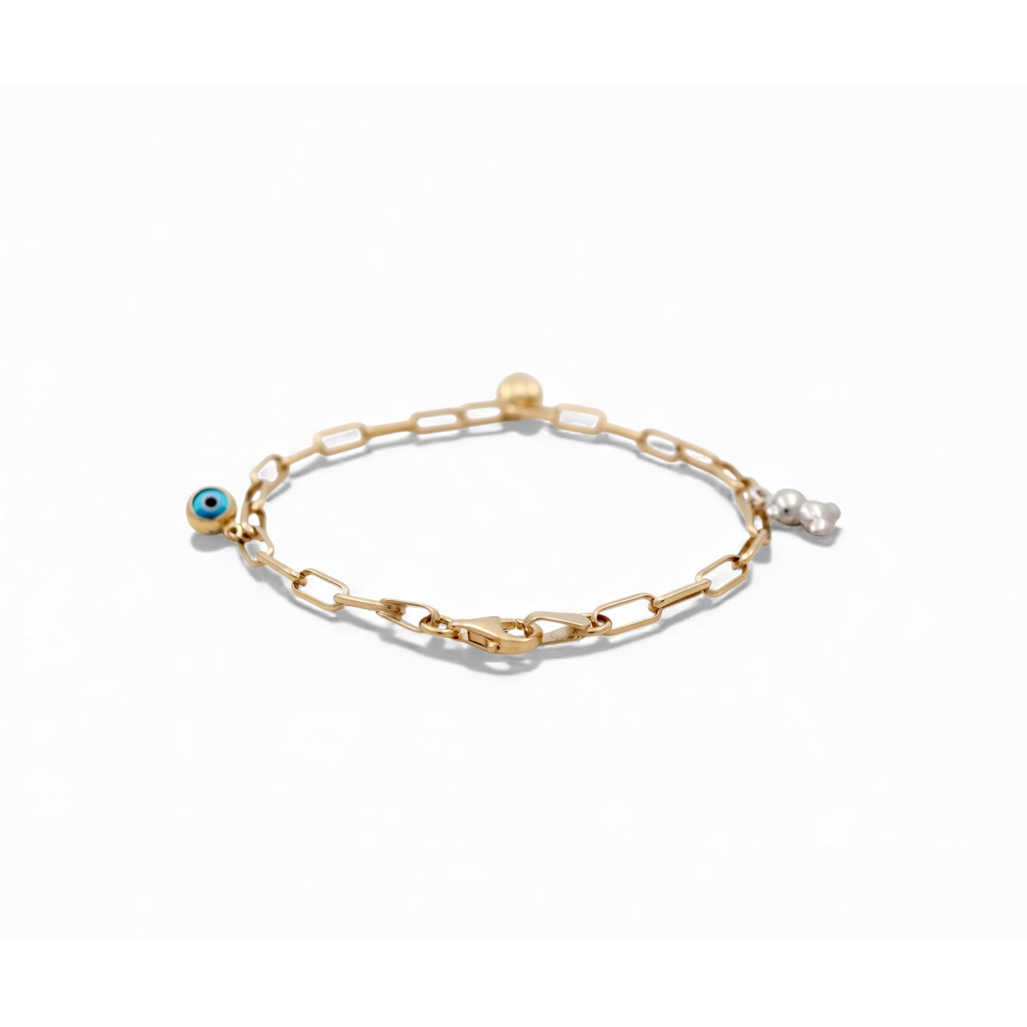 14K Yellow Gold Paper Clip Charm Bracelet with Evil Eye 7in, 4 g – view 2