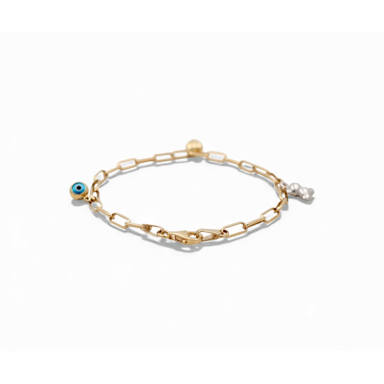 14K Yellow Gold Paper Clip Charm Bracelet with Evil Eye 7in, 4 g – view 2