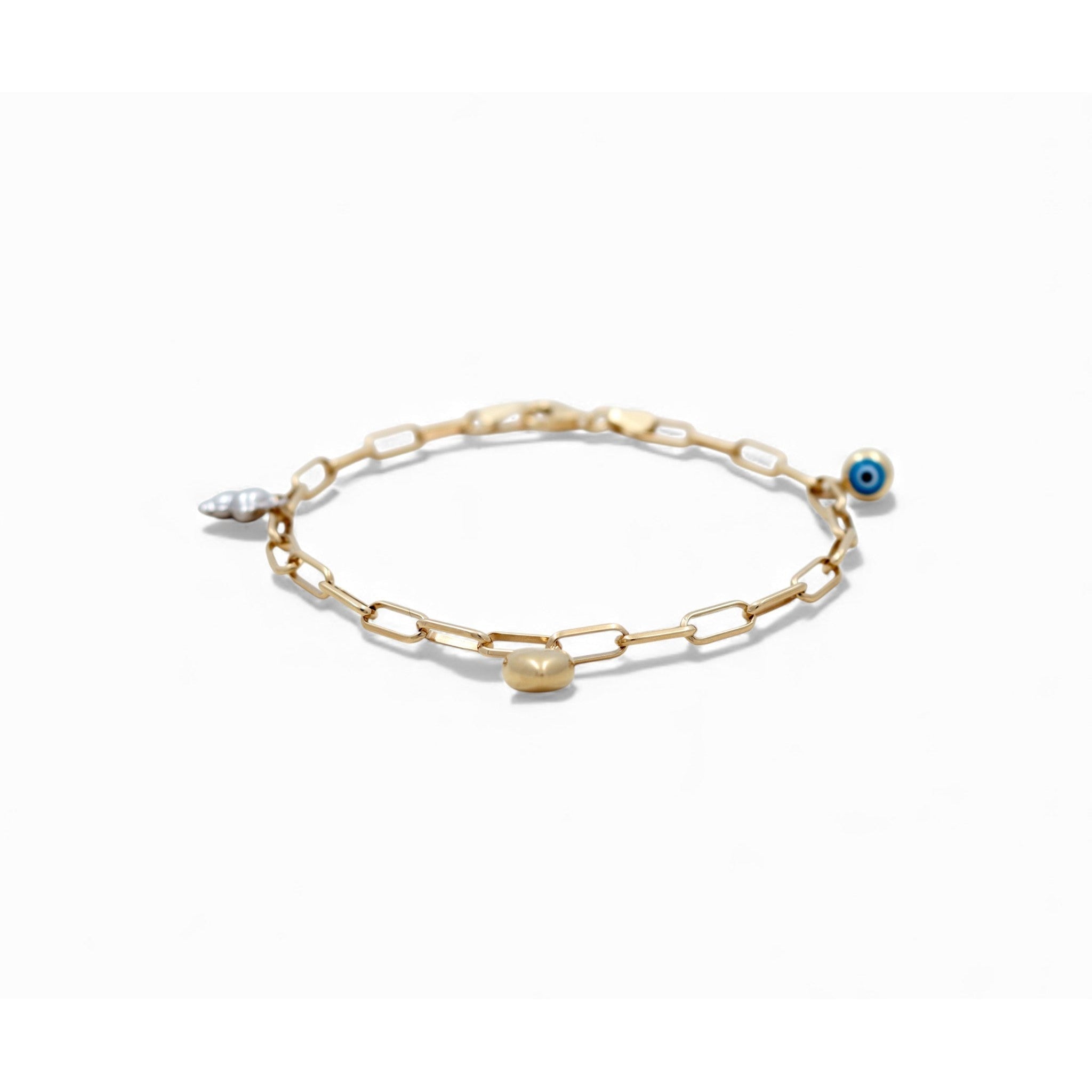 14K Yellow Gold Paper Clip Charm Bracelet with Evil Eye 7in, 4 g