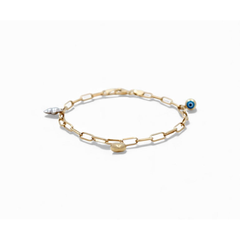 14K Yellow Gold Paper Clip Charm Bracelet with Evil Eye 7in, 4 g