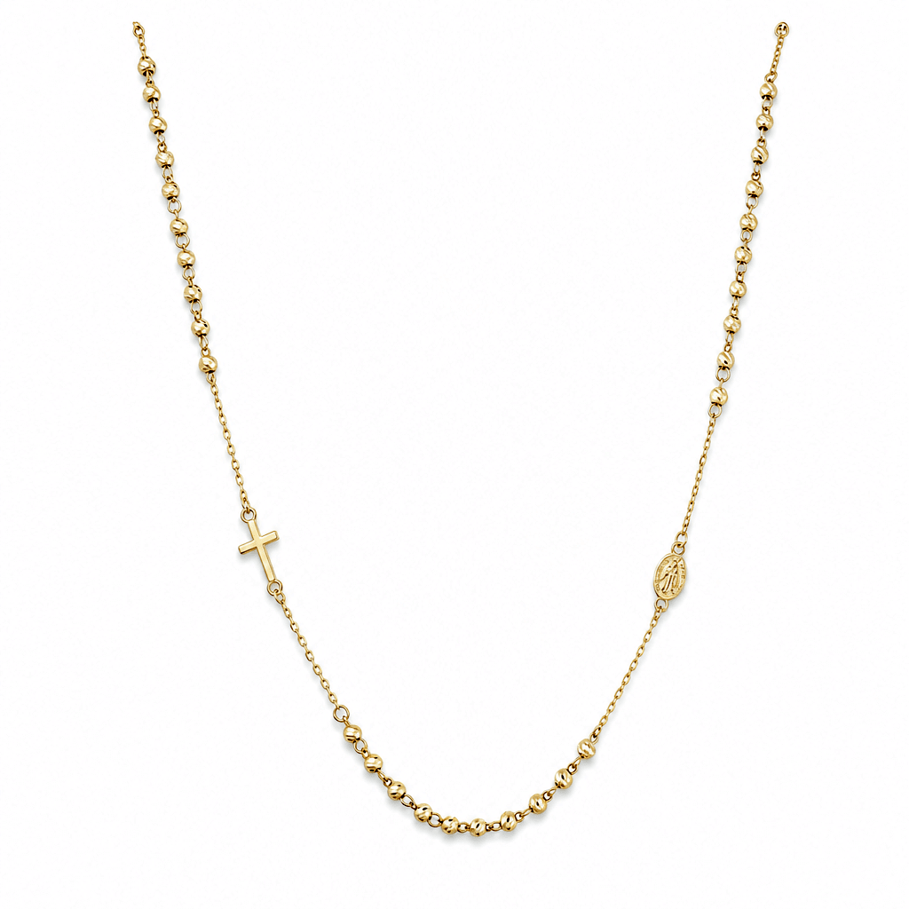 14K Yellow Gold Rosary Necklace with Cross & Virgin Medal 16.5in