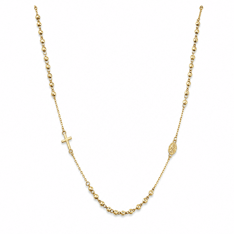 14K Yellow Gold Rosary Necklace with Cross & Virgin Medal 16.5in