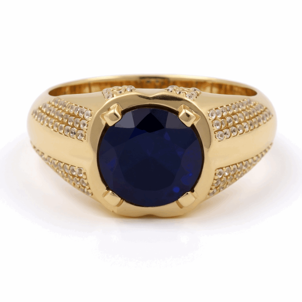 14K Yellow Gold Men's Round Blue Stone Ring with Pavé Sides 9.4 g