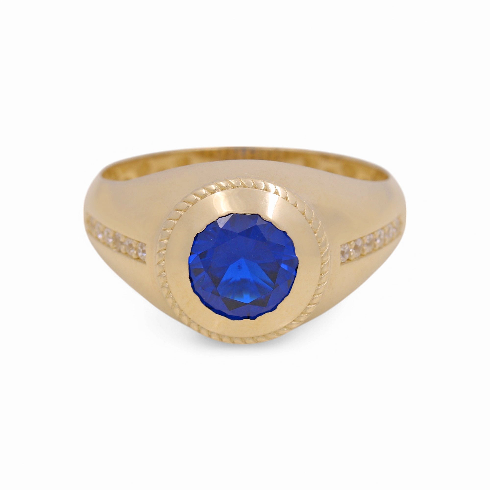 14K Yellow Gold Men's Round Blue Stone Signet Ring 4.1 g