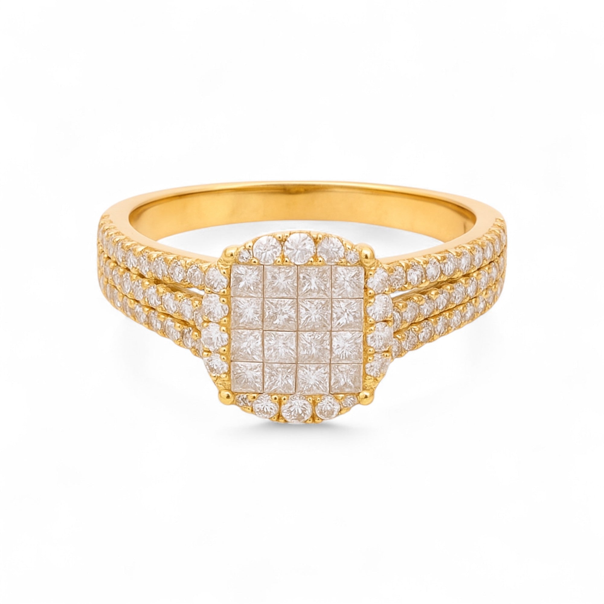 14K Yellow Gold Princess Cluster Diamond Engagement Ring 0.92 ct tw
