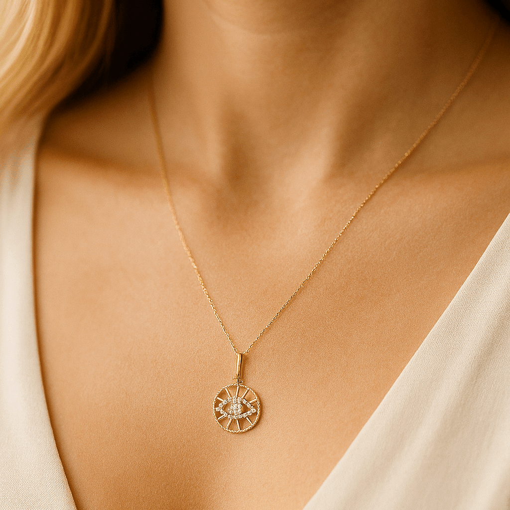14K Yellow Gold Eye Medallion Diamond Necklace 0.14 ct tw – view 2
