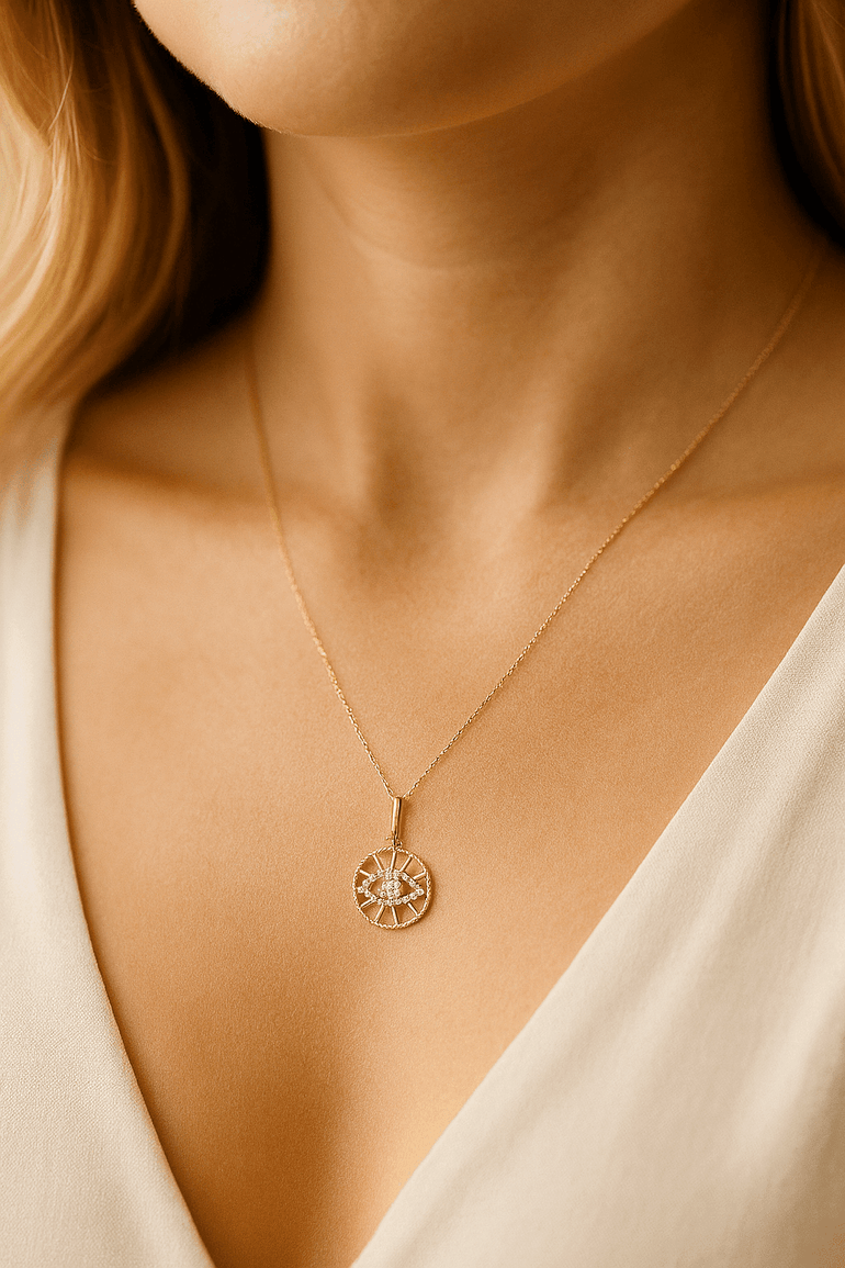 14k Yellow Gold Round Eye Diamond Necklace with 0.14 Tw Round Diamonds - Miral Jewelry