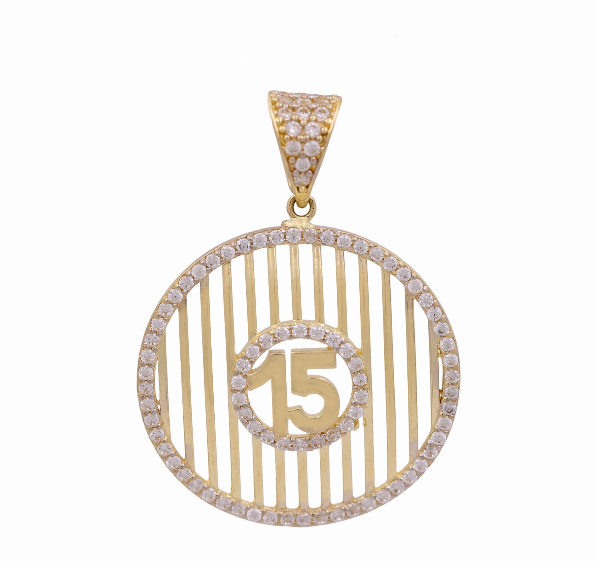 14K Yellow Gold Round Medal 15 Pendant - Miral Jewelry